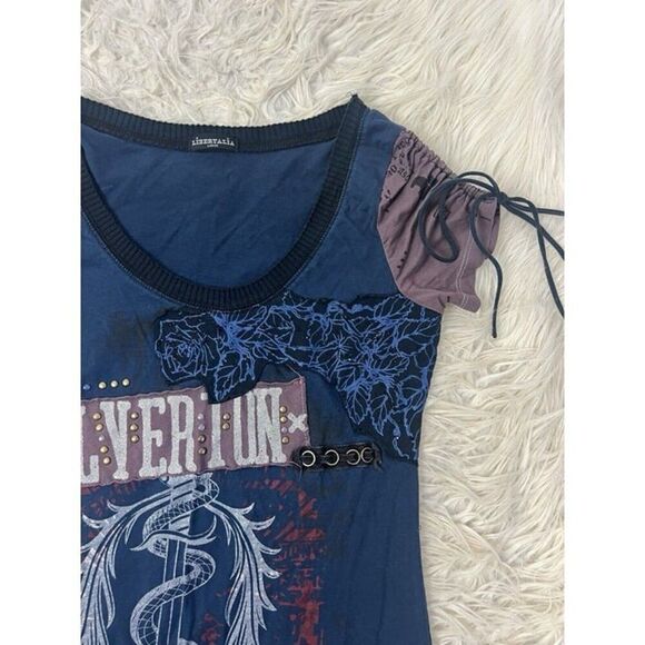 Libertalia Vintage Grunge Women’s Studded Embellished Blue Graphic T-shirt Large - Picture 9 of 10